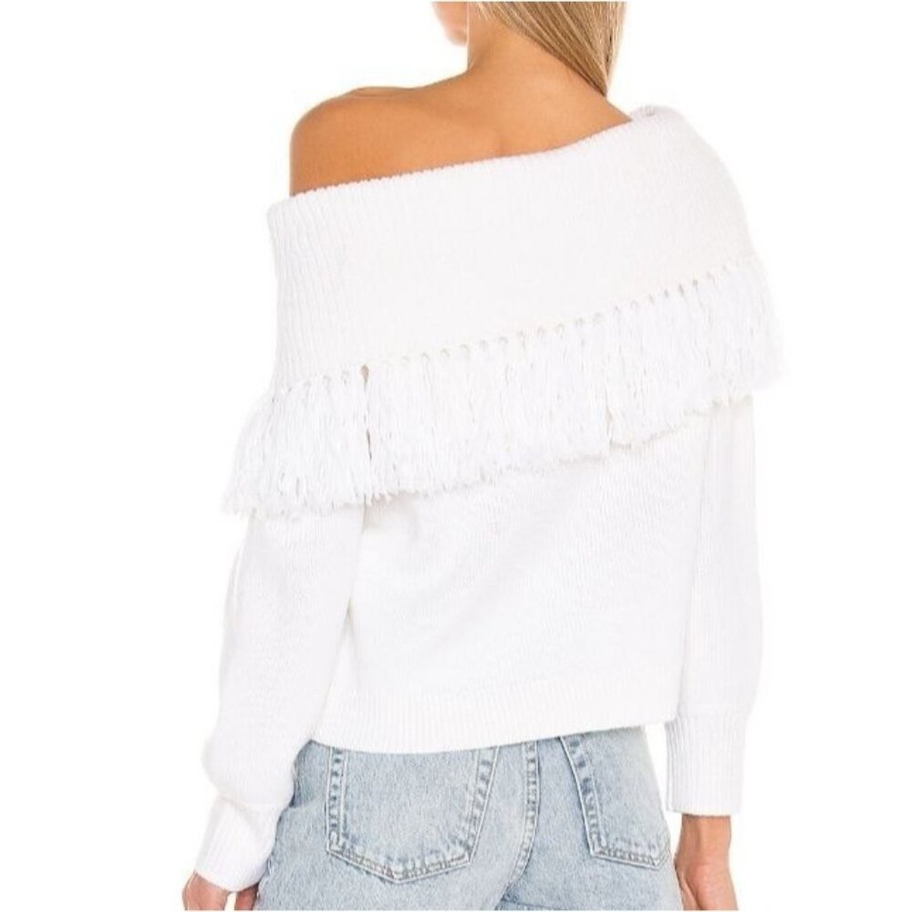 Alice + Olivia Bardot Fringe Off Shoulder Pullover In Soft White - Picture 14 of 14